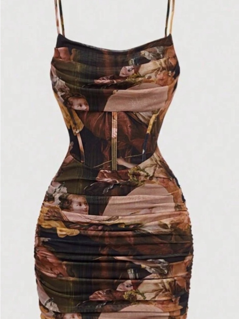SHEIN Brown & Black Renaissance Art-Print Ruched Mini Dress